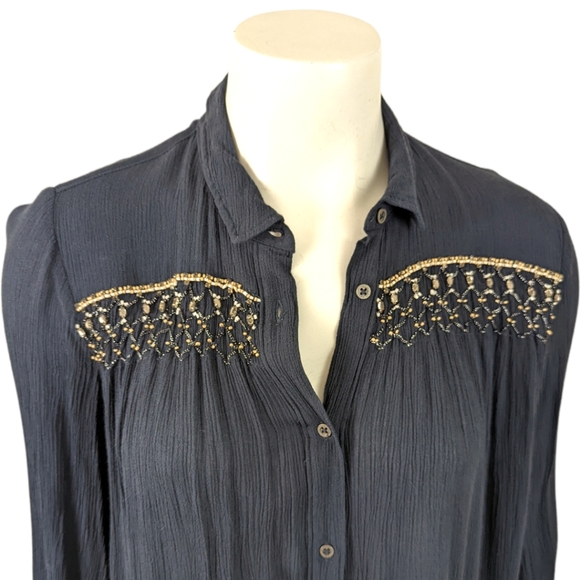 Anthropologie Floreat Beulah Beaded Tunic Button Down Top Blouse S Navy Blue - Picture 3 of 11